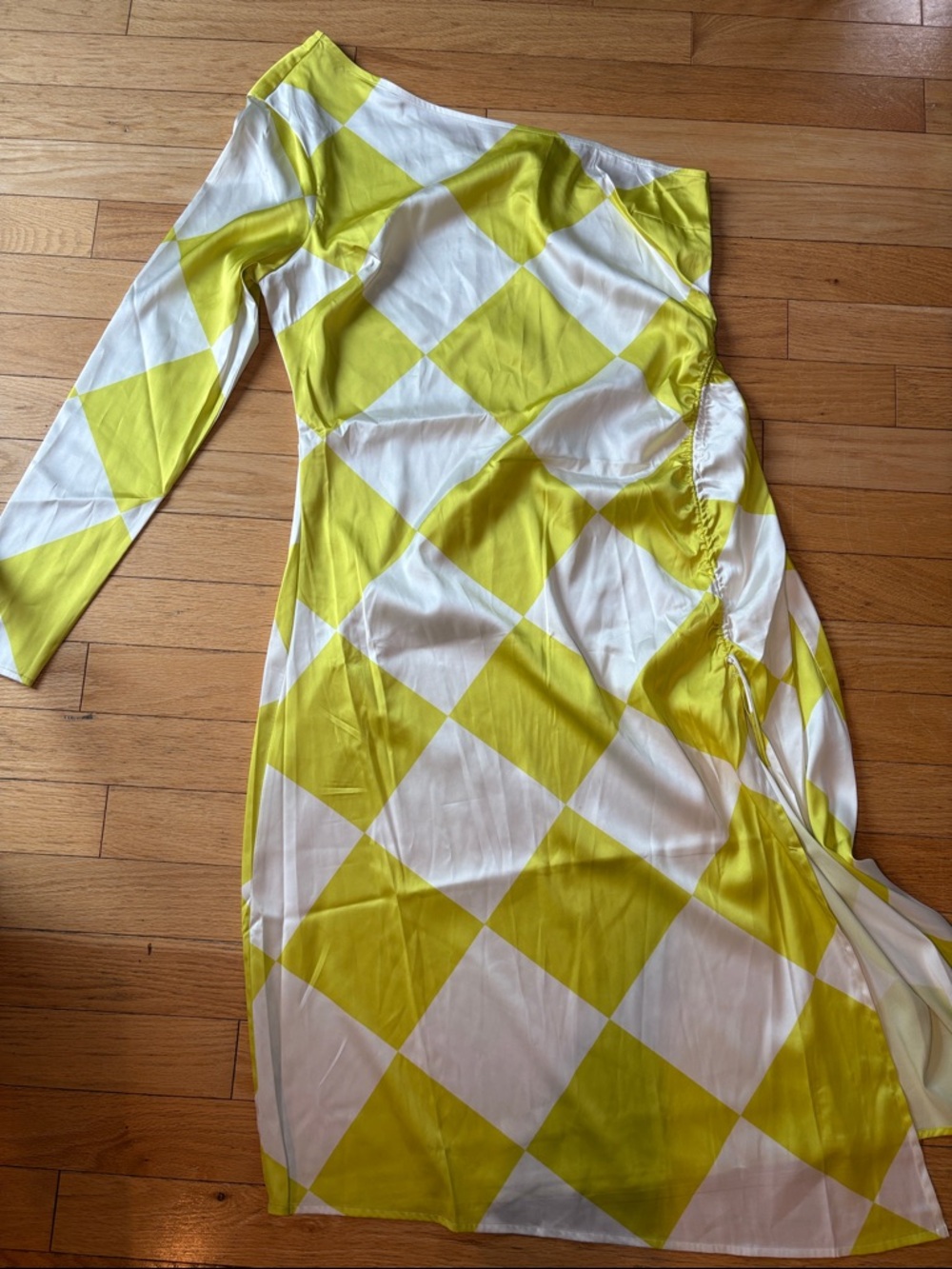 One Shoulder Check Midi Dress with side slit, ruched detail, and zipper